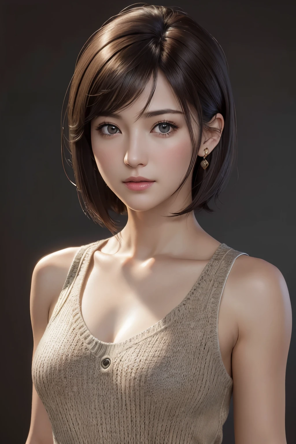 (Representative Works: 1.3), (8k, photorealistic, raw photos, Highest image quality: 1.4), (30 years old mature woman),small face, beautiful face, (realistic face),no makeup、natural makeup、light makeup、 (Dark brown, short hair: 1.3), beautiful hairstyle, realistic eyes, beautiful detailed eyes, (Photorealistic skin), beautiful skin, (sweater),small chest、Bust B Cup、 disorganized, Charm, 超High definition, Super realistic, High definition, golden ratio, FF Tifa、Gray background、
