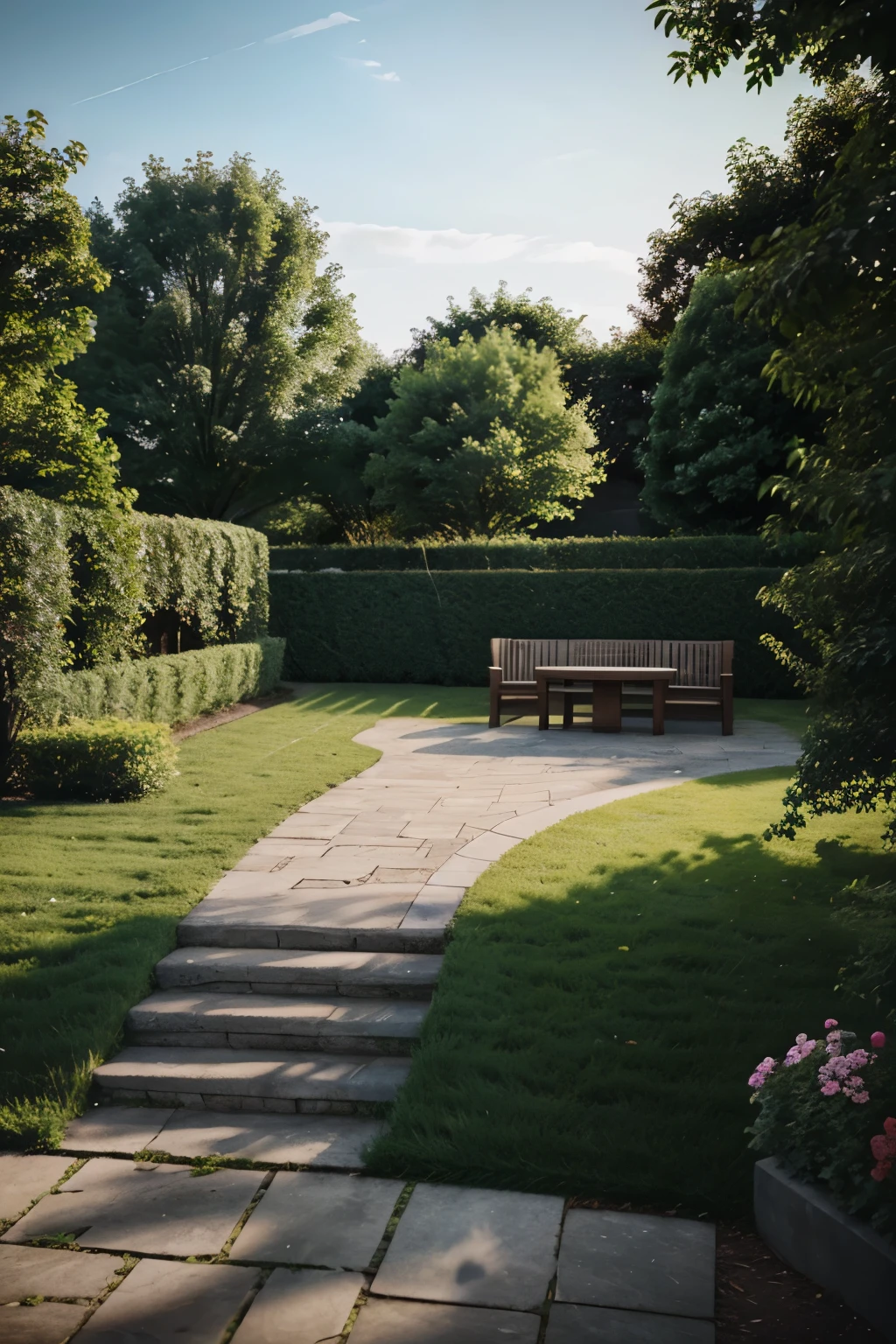 (landscape render),(landscape design), less realistic, landscape with trees, people with dogs, people sitting on benches and streetlights, people walking in the garden, shape of the garden is triangular