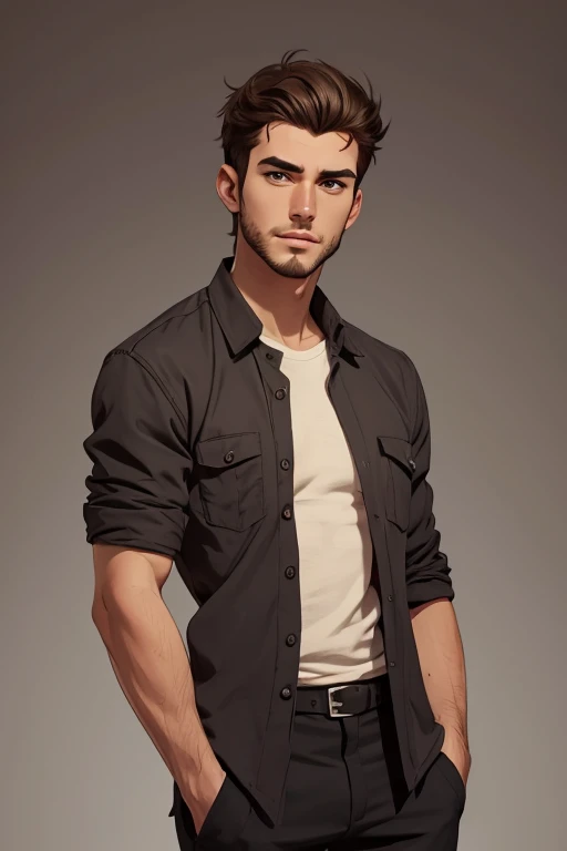 male mechanic with short beard and wearing a loose shirt, looking towards the camera, high contrast and sharp details, half body portrait, solid background