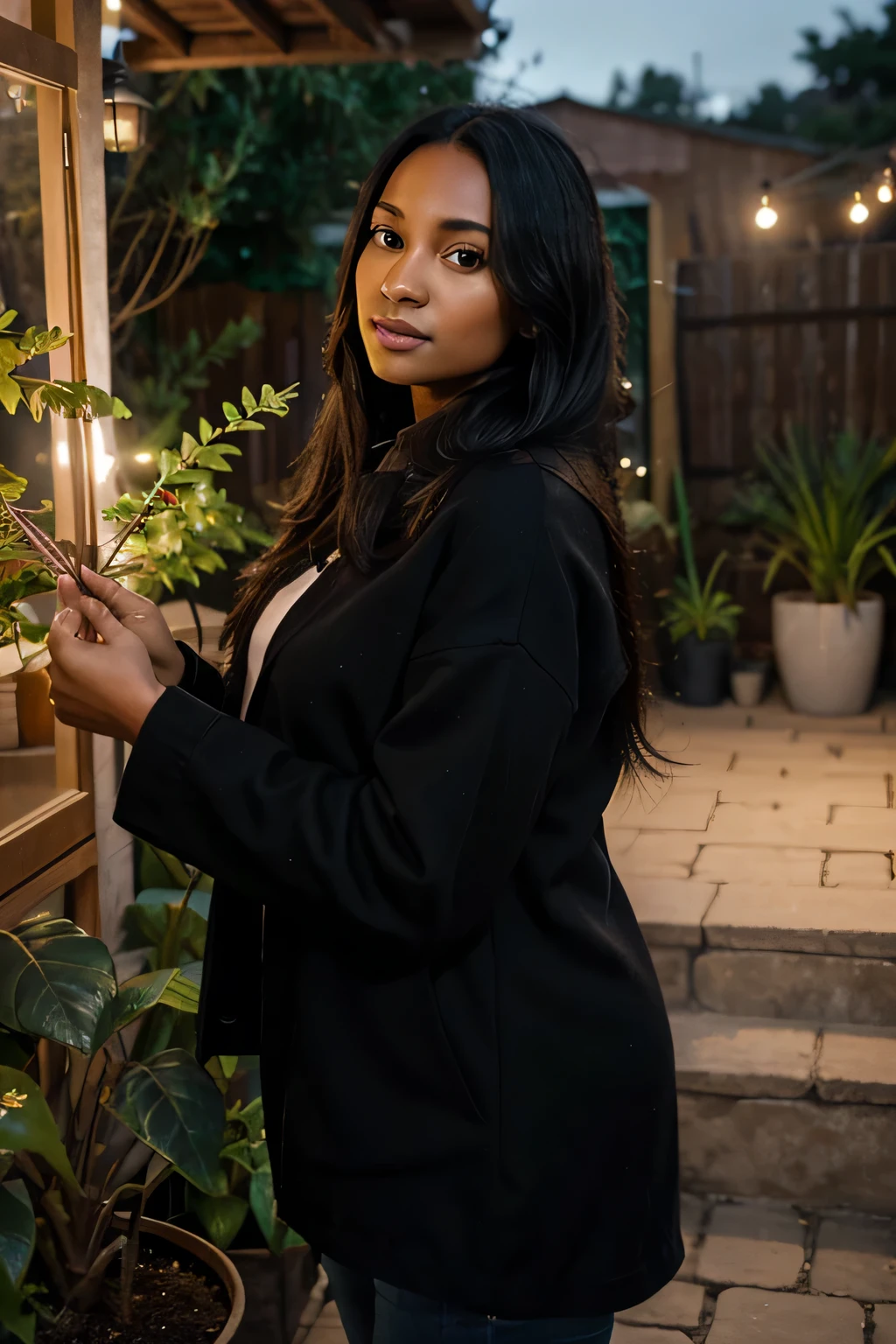 a young African influencer aged 40 with straight long black hair a radiant dark complexion ,wearing winter clothing , highlighting her slightly slender African curves and with the face of an angel, watering plants at home , night time
