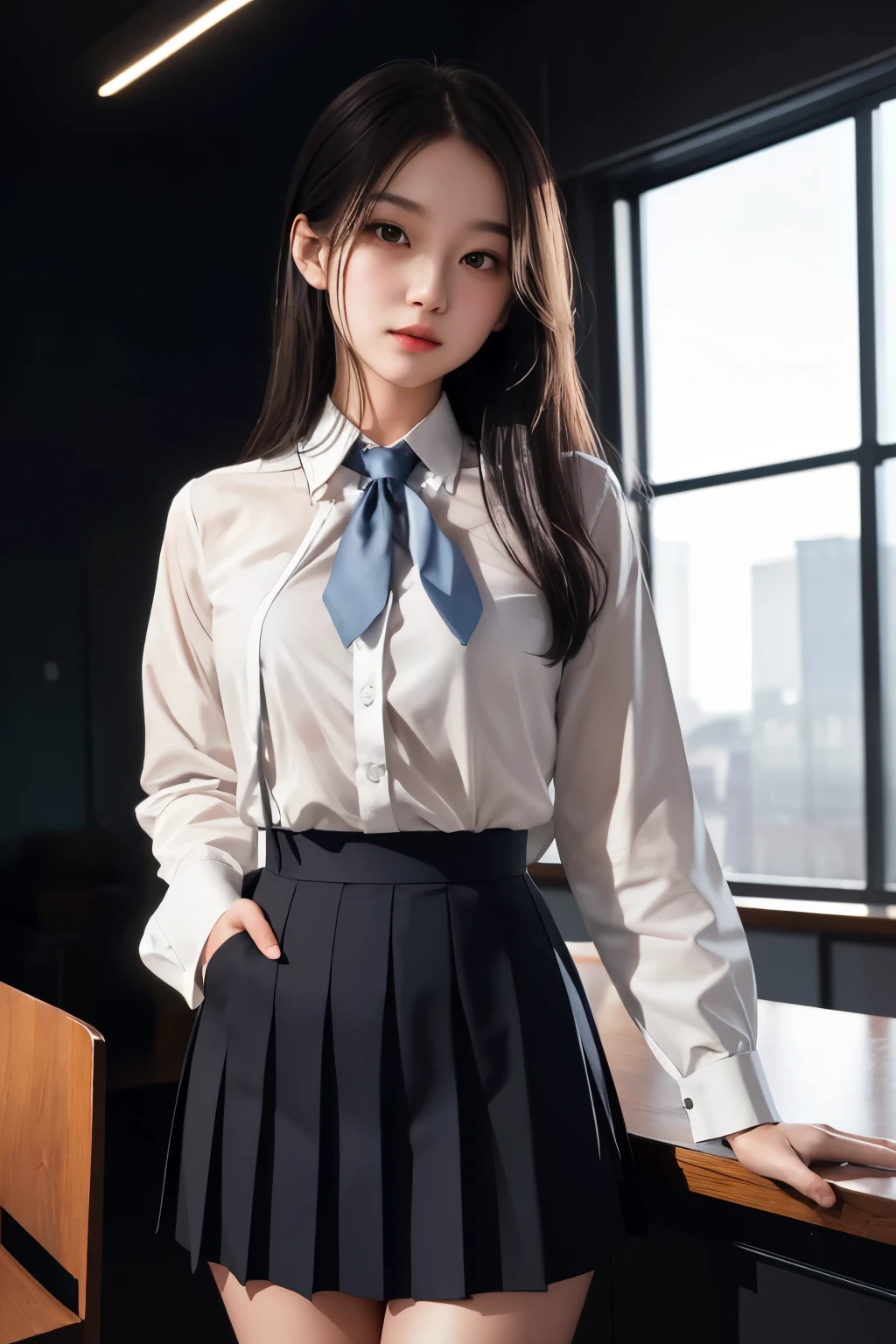 Masterpiece, top image quality, high resolution, solo presentation, young woman, school uniform, white shirt, dark tie, pleated skirt, standing pose, dramatic atmosphere, dimly lit room, mysterious feel, potential photoshoot, focal point, @ai\_cute\_girls watermark, fashion, modeling.
The image captures a young woman radiating charm and allure as she stands resplendent in her impeccably tailored school uniform. The dimly lit room adds an enigmatic and alluring tone to the scene, with its soft shadows casting the woman in an ethereal glow. The watermark "@ai\_cute\_girls" hints at the possibility of this