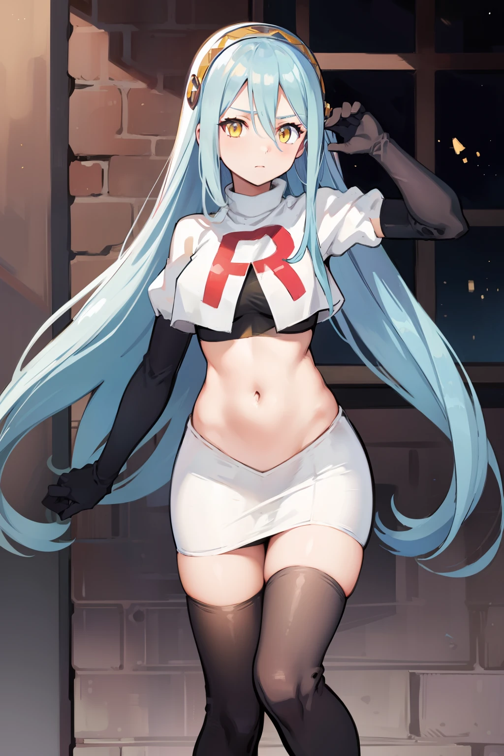 def_azura, yellow eyes ,1girl,team rocket,team rocket uniform, red letter R, white skirt,white crop top,black thigh-highs ,black elbow gloves,