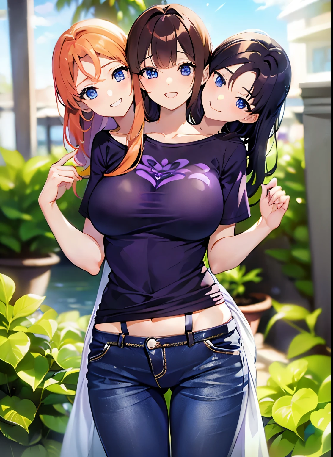best quality, (masterpiece),(ultra-detailed), (high quality), (high resolution), (3heads:1.5) orange hair, brown hair, black hair, three headed woman, open mouths, smiling,best quality:1.5, highres, UHD, 4K),, (((wearing a violet purple t shirt))), ((wearing black jeans)), Beautiful girl with accentuated slender abs, small breasts, (blue eyes), (brown eyes)