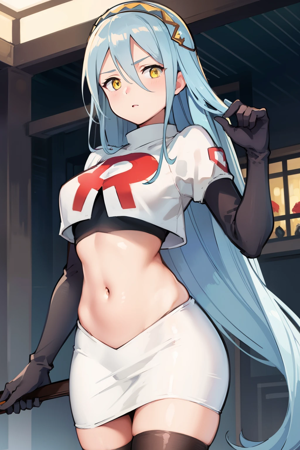 def_azura, yellow eyes ,1girl,team rocket,team rocket uniform, red letter R, white skirt,white crop top,black thigh-highs ,black elbow gloves,