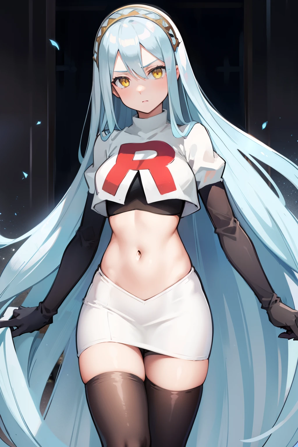 def_azura, yellow eyes ,1girl,team rocket,team rocket uniform, red letter R, white skirt,white crop top,black thigh-highs ,black elbow gloves,