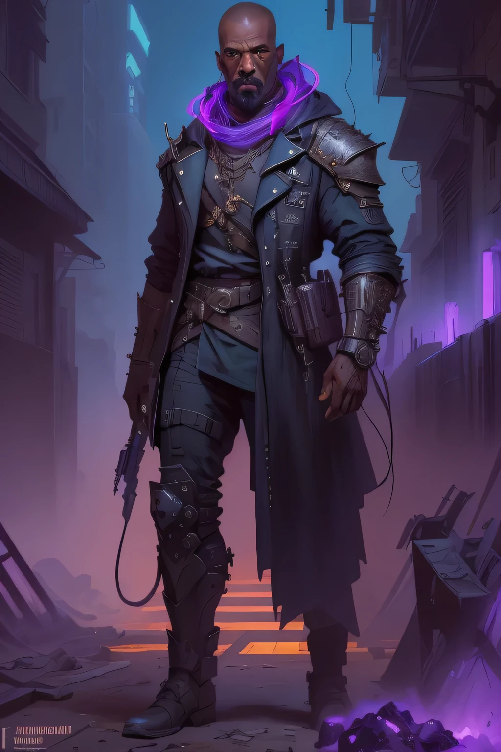 uma imagem de um homem negro, corpo inteiro, 25 anos, com rosto de denzel washington, careca, sem cabelo, cego, segurando um livro, in sci-fi clothes in a sci-fi city, Dust sky of clouds colored by magenta blues and violets, magos cyberpunk africanos, Mistborn Steel Inquisitor, Alquimista Steampunk Africano, personagem estelar, (detalhado), arte digital, dynamic poses, em um campo de batalha comicYoji Shinkawa Phoenix no estilo de fundo com ouro brilhante, 16k, Ultra HD, best possible quality, ultra detalhado, best possible resolution, Motor Unreal 5, fotografia profissional, perfeito, Furtastic_Detailer, ((luz neon)), alto detalhamento, 8k, rpg concept art, irreal 5. retrato de rpg, epic sci-fi character art, arte do personagem shadowrun, irreal 5. retrato de rpg, retrato de um hidromante masculino, epic sci-fi character art