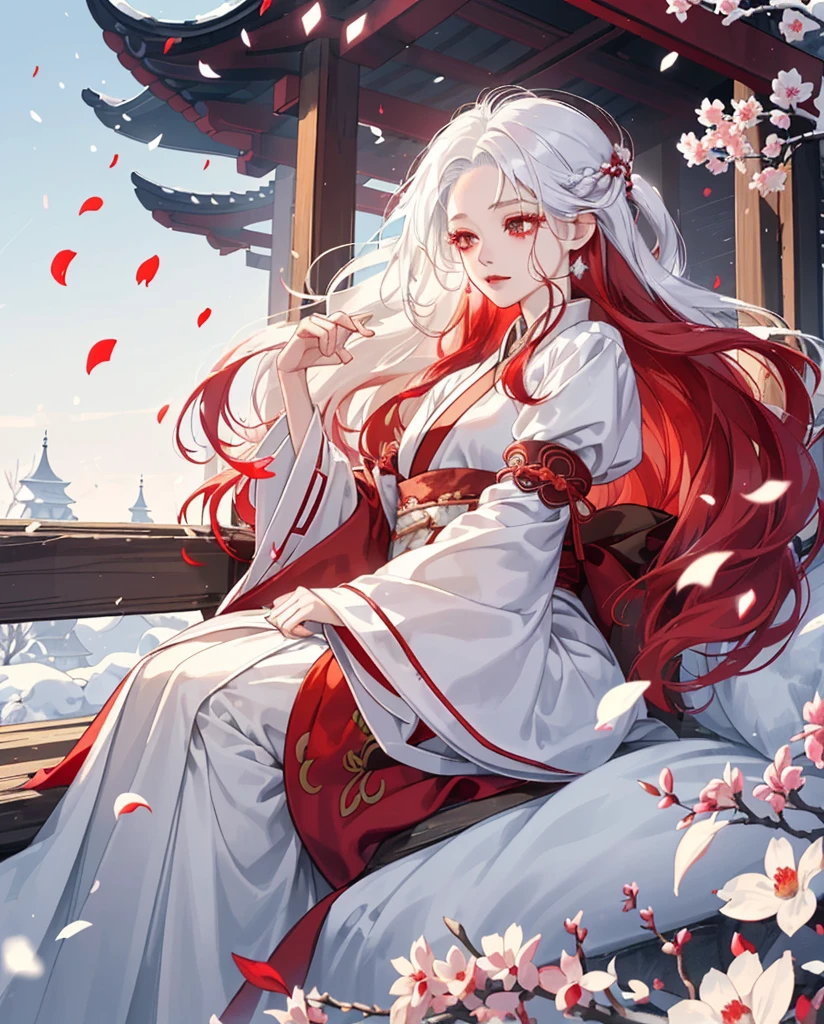 kapok，red hair，a woman，falling snow，white hair，Liu Yemei，bust，Winter morning，Hanfu，gauze，flowing sleeves，breeze，Sunlight，Slightly curly long hair，HD quality，clean background，High definition eye-catching，silky hair，Detailed depiction，masterpiece，super detailed，petals flying，