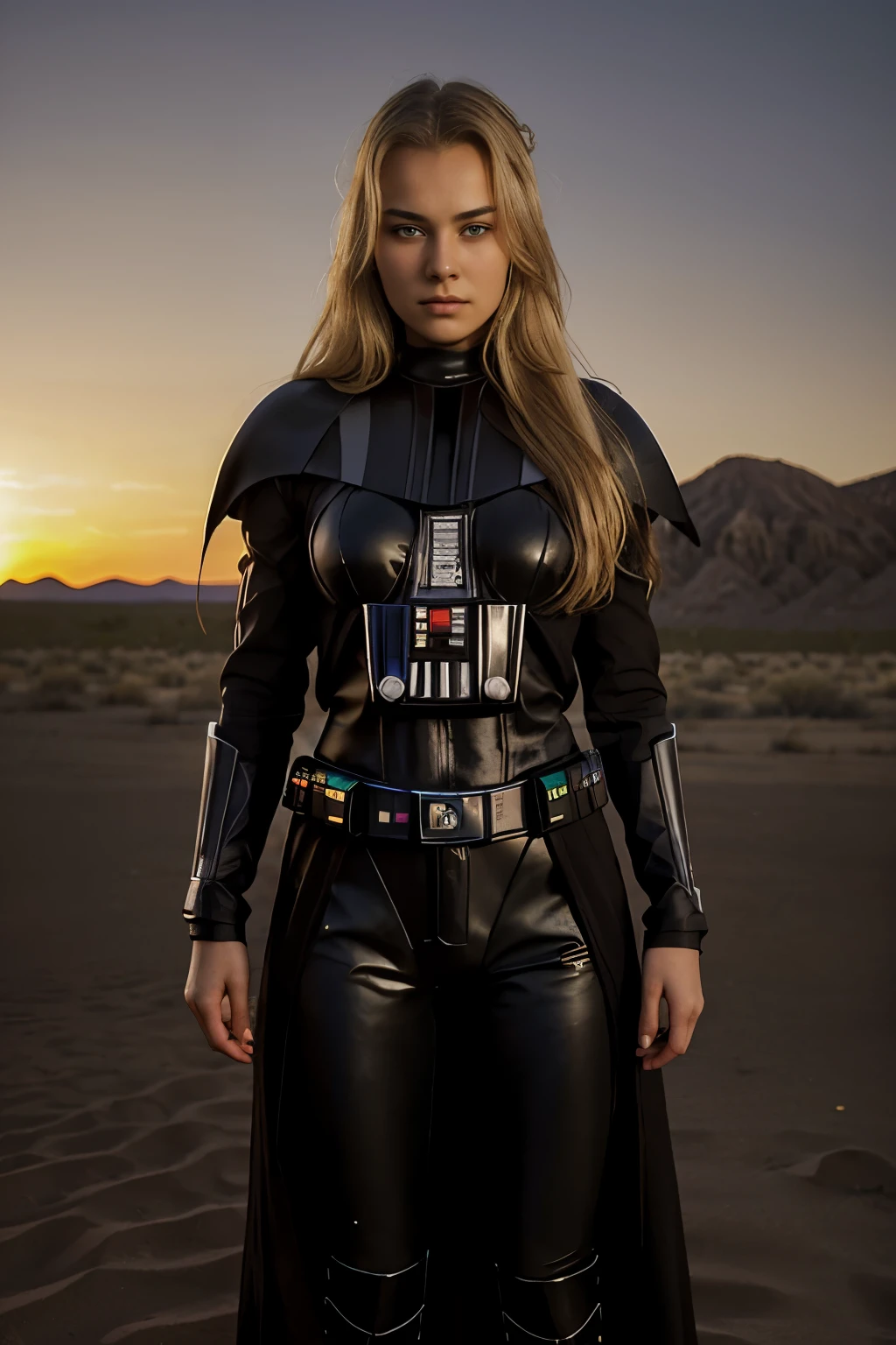 ( girl, Viktorija Ziva, with Long light blonde hair, view the viewer, brown eyes, thin, medium breasts, athletic build), jewelry, Full body, (in the desert at sun set, darth vader), black futuristic chest armor, her eyes have a yellow iris, angry expression, shot includes knees