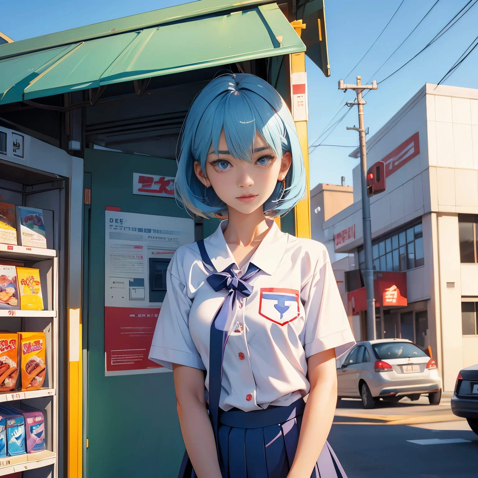 highest quality, expressive eyes, perfect face, 1 girl、Evangelion、rei ayanami、Rei Ayanami tanning、Stand in front of a convenience store、school uniform