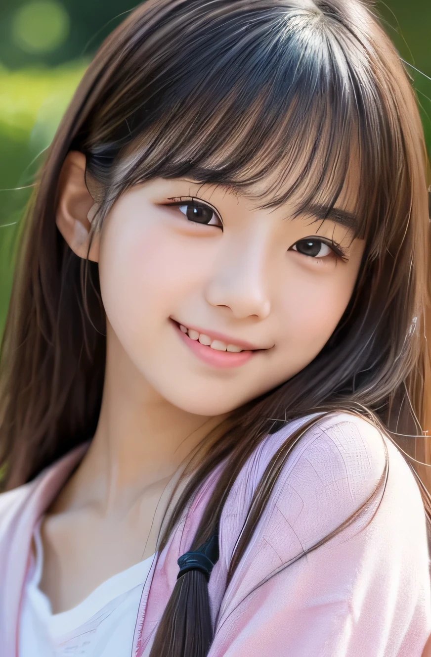 (highest quality、masterpiece:1.2)、highest quality、realistic、photograph、High resolution、1080P、8K、fine-textured skin、physical rendering、1 Japanese girl、Middle school students、cute、young face、curled hair、full of embarrassment、smile