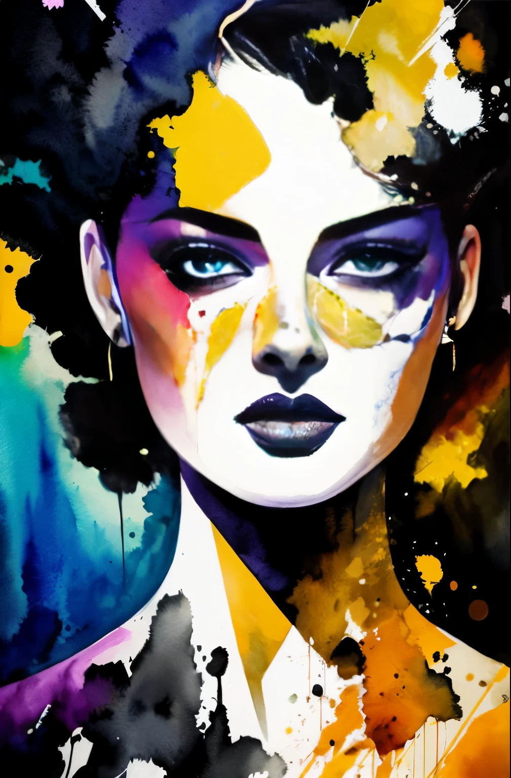 painting of a woman with a black and white face, Sylvia Pelissero watercolors, tumbler, figurative art, Intense watercolor painting, watercolor detailed art, Watercolor Splash, surreal, Avant-garde pop art, Beautiful and expressive paintings, Beautiful artwork illustration, very colorful tones, wonderful, cool beauty, highest quality,official art, women only, sharp outline, best shot, vector art, Written by Sandra Chevrier, Dave McKean、by Richard Avedon、Written by Makiezi Kusiala, luminous design