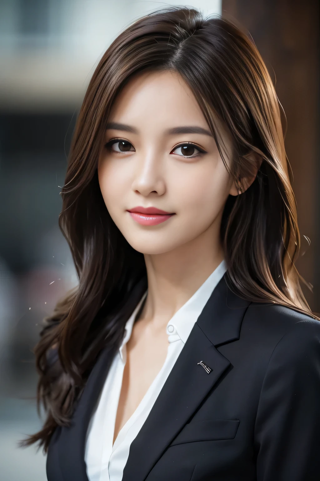 table top, highest quality, realistic, Super detailed, finely, High resolution, 8k wallpaper, 1 beautiful woman,, light brown messy hair, wearing a business suit, sharp focus, perfect dynamic composition, beautiful and detailed eyes, thin hair, Detailed realistic skin texture, smile, close-up portrait, model body shape