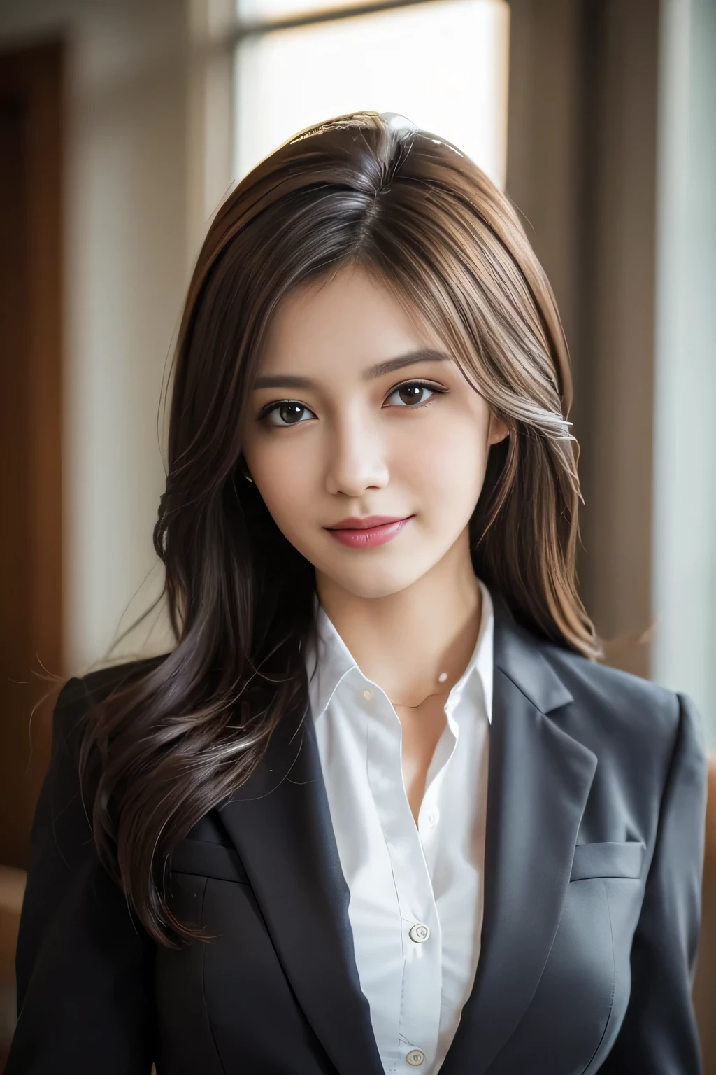 table top, highest quality, realistic, Super detailed, finely, High resolution, 8k wallpaper, 1 beautiful woman,, light brown messy hair, wearing a business suit, sharp focus, perfect dynamic composition, beautiful and detailed eyes, thin hair, Detailed realistic skin texture, smile, close-up portrait, model body shape