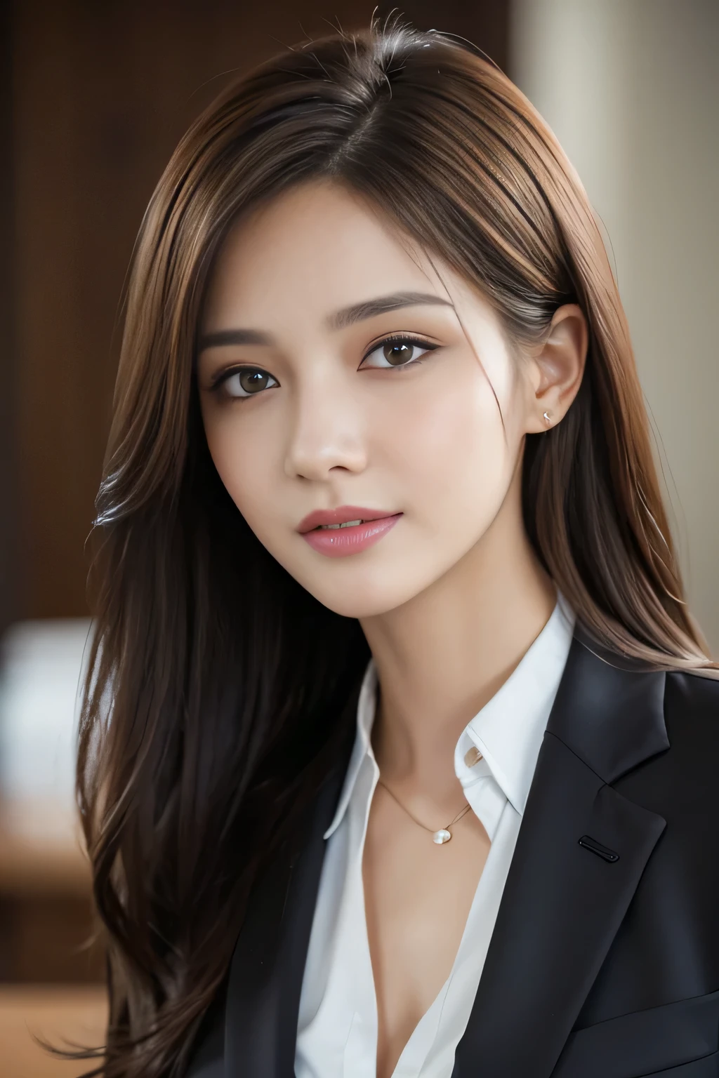 table top, highest quality, realistic, Super detailed, finely, High resolution, 8k wallpaper, 1 beautiful woman,, light brown messy hair, wearing a business suit, sharp focus, perfect dynamic composition, beautiful and detailed eyes, thin hair, Detailed realistic skin texture, smile, close-up portrait, model body shape