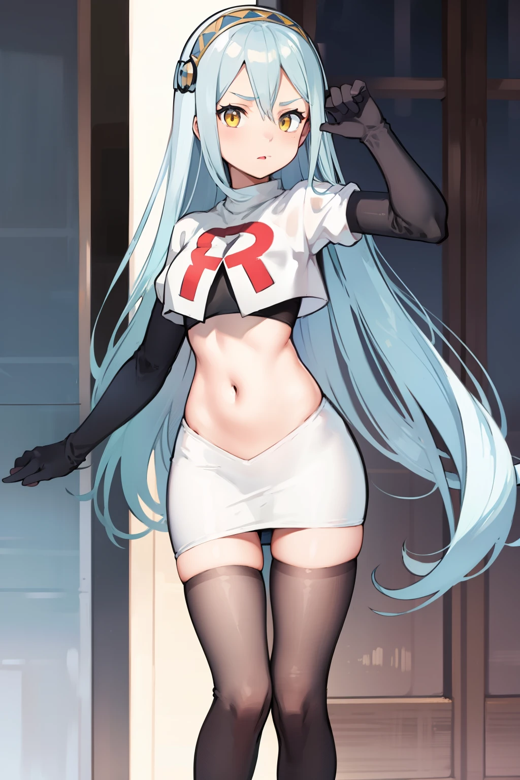 def_azura, yellow eyes ,1girl,team rocket,team rocket uniform, red letter R, white skirt,white crop top,black thigh-highs ,black elbow gloves,