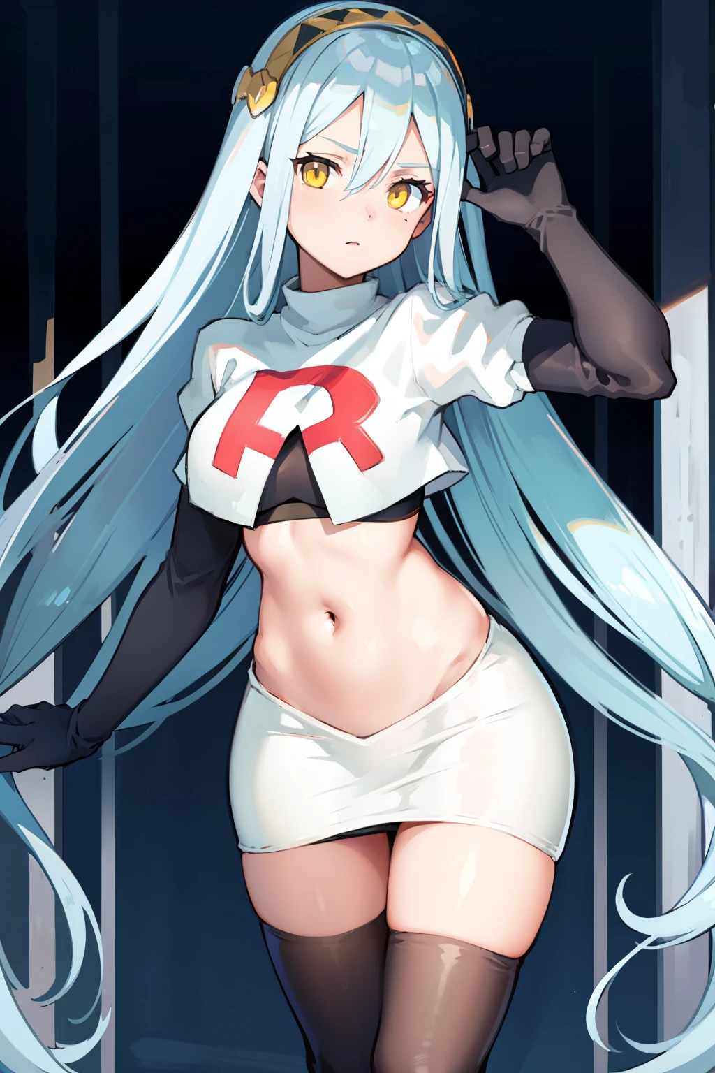 def_azura, yellow eyes ,1girl,team rocket,team rocket uniform, red letter R, white skirt,white crop top,black thigh-highs ,black elbow gloves,