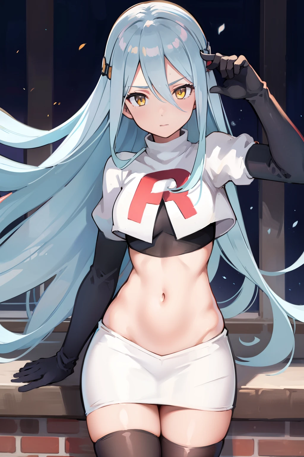 def_azura, yellow eyes ,1girl,team rocket,team rocket uniform, red letter R, white skirt,white crop top,black thigh-highs ,black elbow gloves,