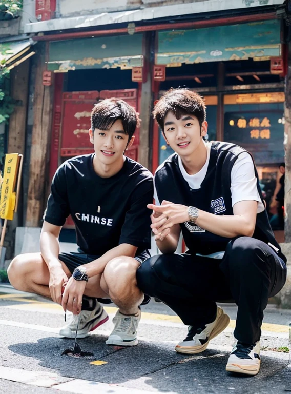 (Chinese handsome man: 1.5), Two very cute teenagers are squatting in the square and feeding pigeons, realistic details, realistic photos, Textured leather, looking at the camera, 18 year old boy, studio, Danshi Koukusei, model, long legs, Gay couple