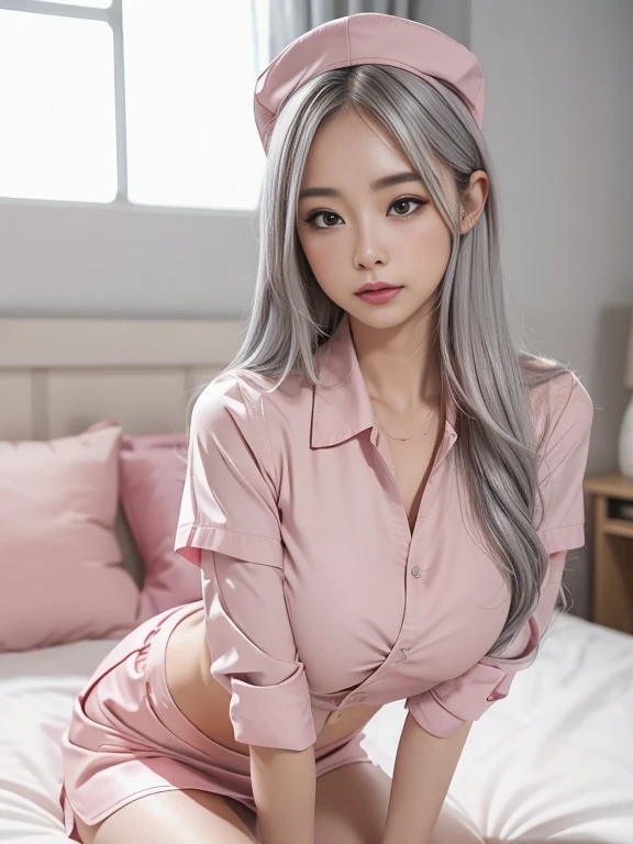 8K, highest quality, RAW photo, ultra high resolution cool beauty beautiful butt huge breastsの谷間 thin eyebrows on the bed huge breasts silver hair silver blonde gray hair sexy 2 limbs alone Focus on the lower back Sleep with your eyes closed, open your mouth and open your legs Beautiful nose with flushed cheeks Make the nose smaller baby face droopy eyes glamorous mouth pink miniskirt nurse uniform Pink nurse cap soaked