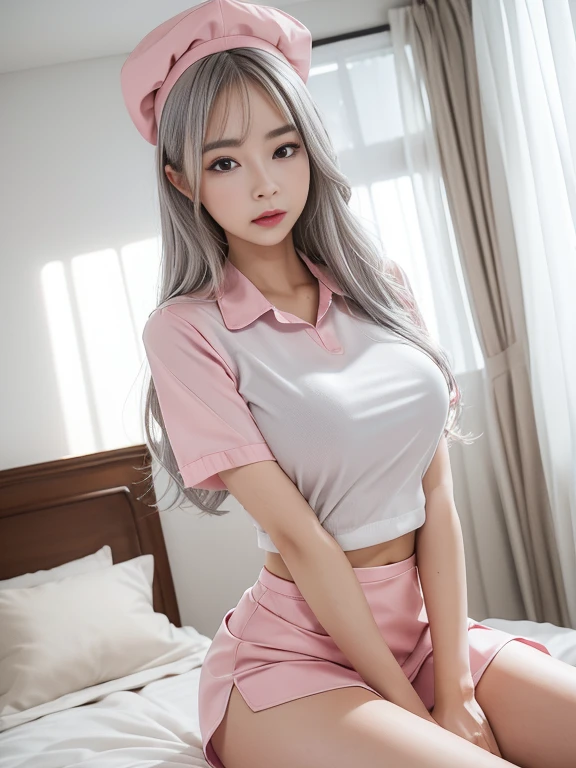 8K, highest quality, RAW photo,  ultra high resolution　cool beauty　beautiful butt　　huge breastsの谷間　thin eyebrows　on the bed　huge breasts　silver hair　silver blonde　gray hair　sexy　2 limbs　alone　Focus on the lower back　Sleep with your eyes closed, open your mouth and open your legs　Beautiful nose with flushed cheeks　Make the nose smaller　baby face　droopy eyes　glamorous mouth　pink miniskirt nurse uniform　Pink nurse cap　soaked