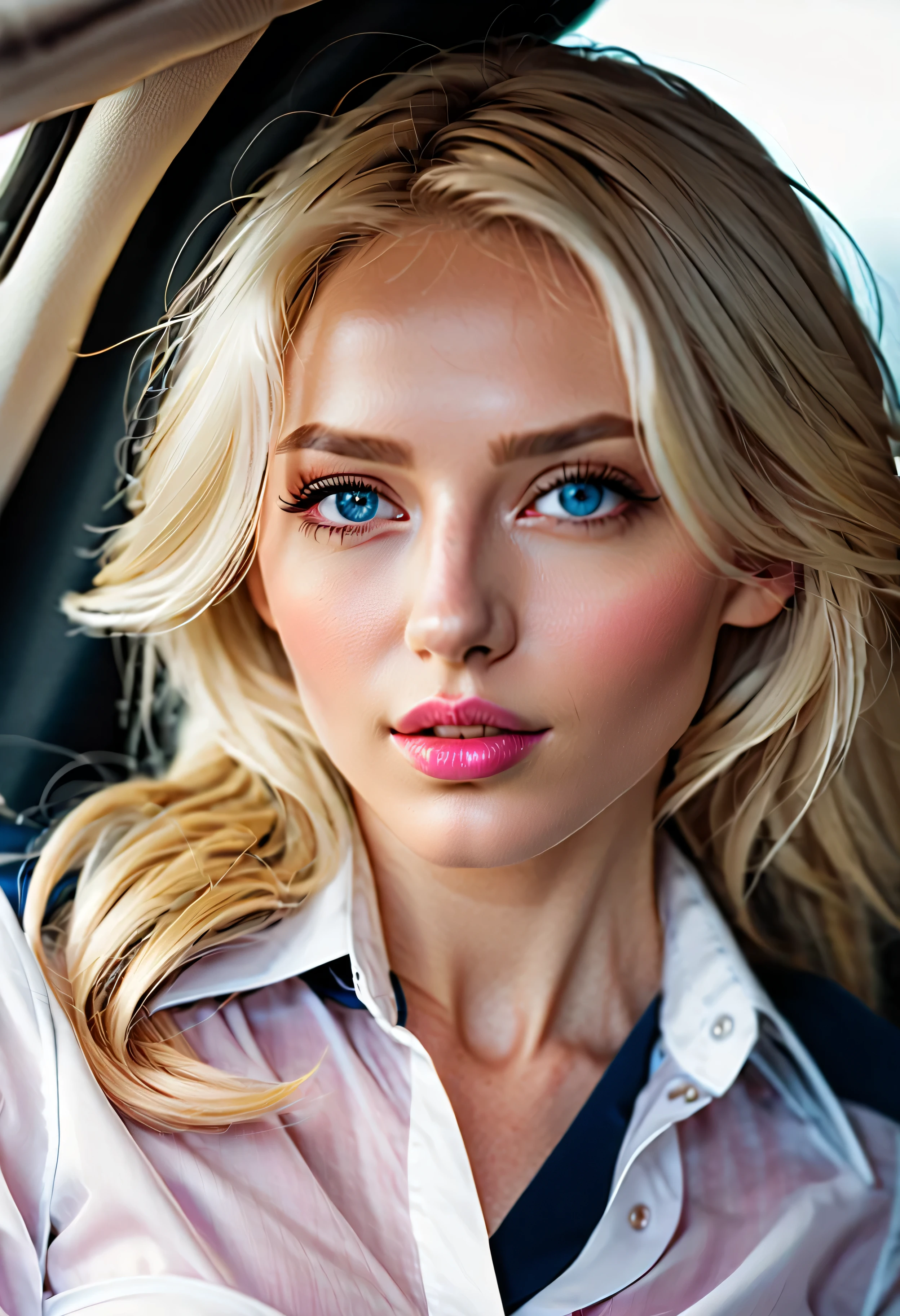 highest quality、High resolution、Super detailed、masterpiece、Live shooting、genuine、photogenuineistic、very delicate and beautiful、small details、rough skin、beautiful caucasian、super beautiful, compensate, Flowing layered white shiny blonde hair, Glowing big blue eyes, Seductive moist pink lips、(Glamour) 、passenger seat crew、Tailored dark blue jacket、(wearing a white shirt:1.2)