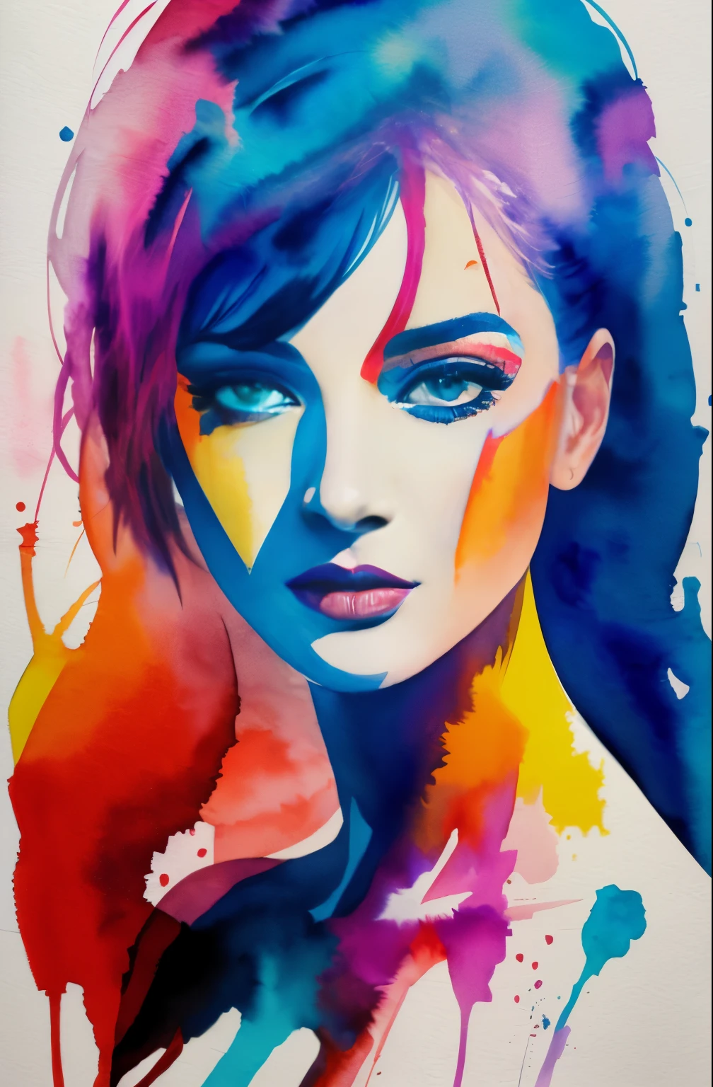 painting of woman,  tumbler, figurative art, Intense watercolor painting, watercolor detailed art, Watercolor Splash, surreal, Avant-garde pop art, Beautiful and expressive paintings, Beautiful artwork illustration, very colorful tones, wonderful, cool beauty, highest quality,official art, women only, sharp outline, best shot, vector art, Written by Sandra Chevrier, Dave McKean、by Richard Avedon、Written by Makiezi Kusiala, luminous design