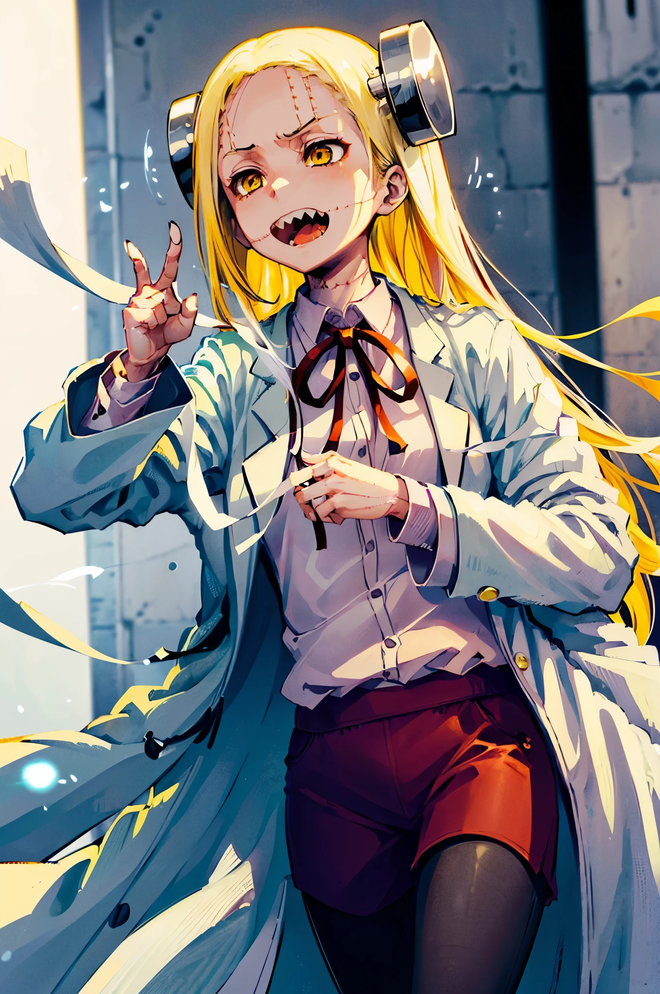 Madaraki_Fran,POV,young woman,((((wearing a white lab coat)))),((Points Forward)),long hair,gesticulates confidently,yellow hair,seams,Scars on the body,(very angry),speaks to a person,(((Accuses))),sharp teeth