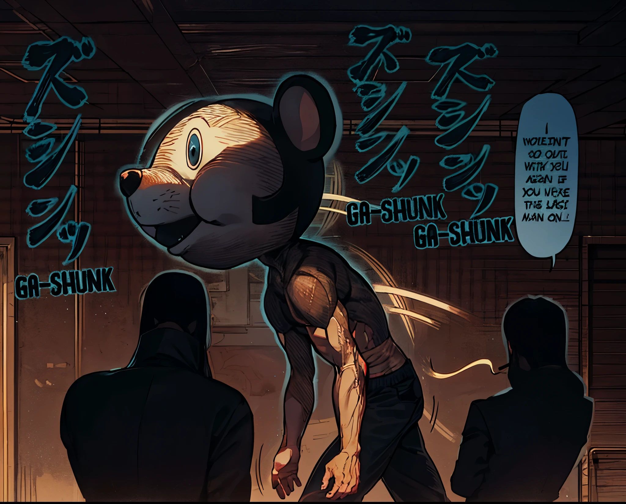 Image of a man with an athletic body walking with a miky mouse head, pasadizo.