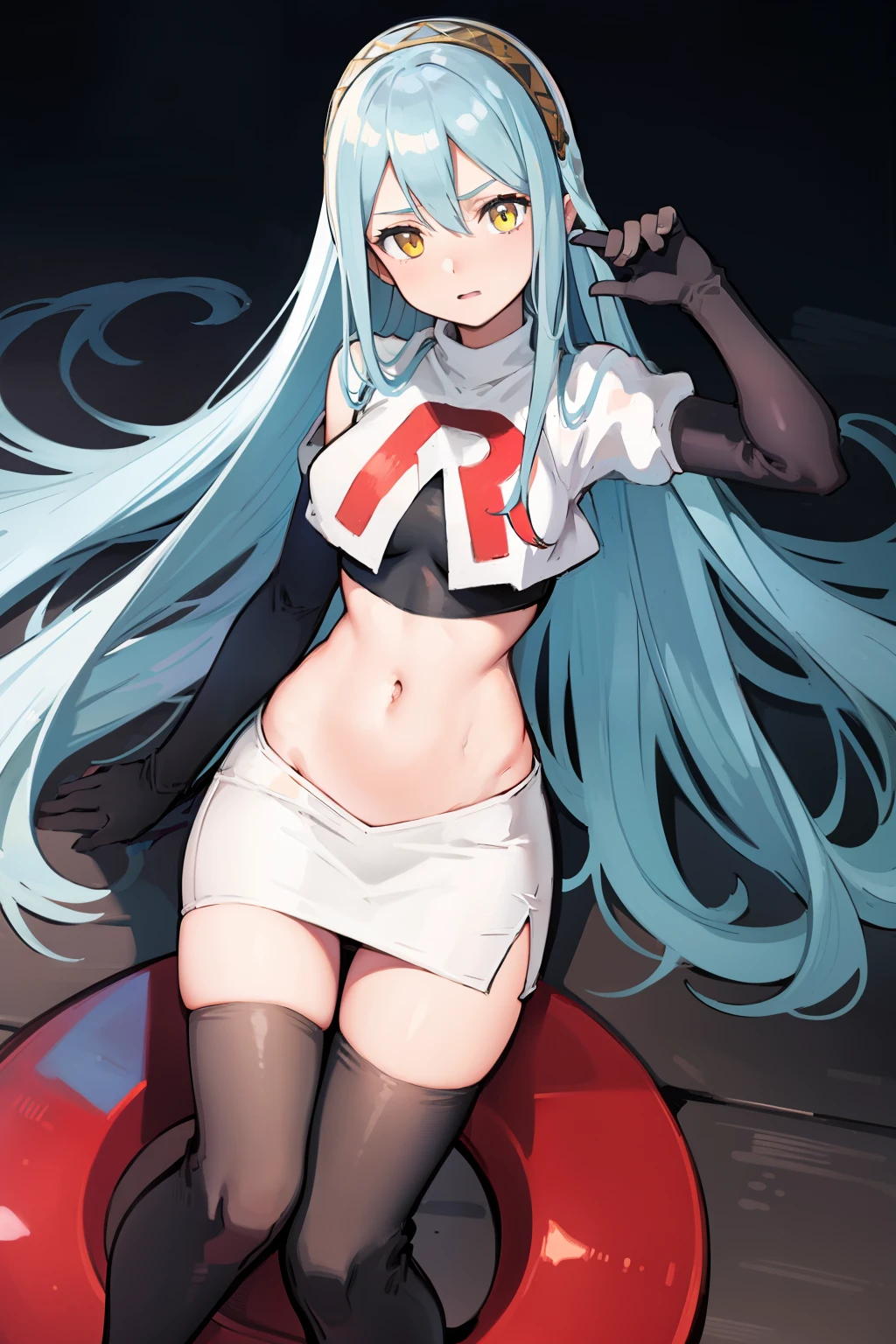 def_azura, yellow eyes ,1girl,team rocket,team rocket uniform, red letter R, white skirt,white crop top,black thigh-highs ,black elbow gloves,