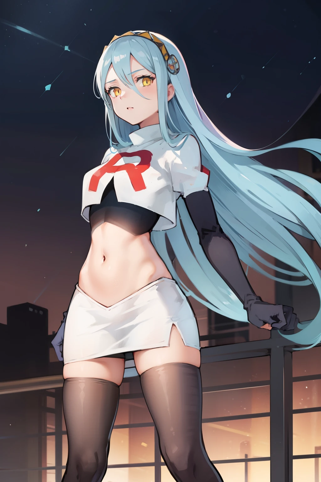 def_azura, yellow eyes ,1girl,team rocket,team rocket uniform, red letter R, white skirt,white crop top,black thigh-highs ,black elbow gloves,