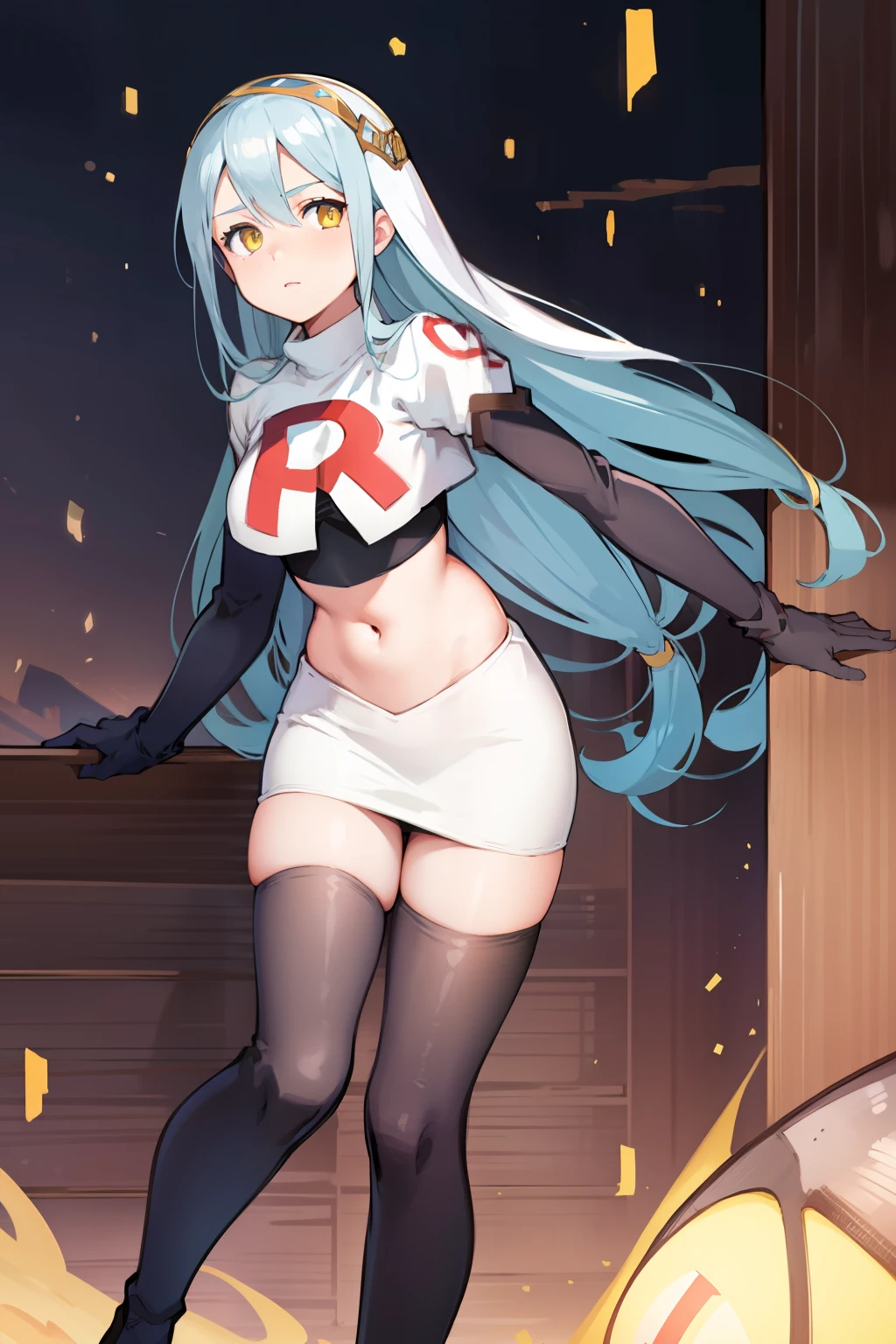 def_azura, yellow eyes ,1girl,team rocket,team rocket uniform, red letter R, white skirt,white crop top,black thigh-highs ,black elbow gloves,