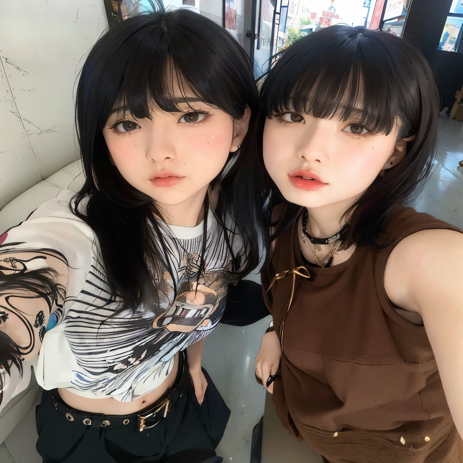Two Asian women pose for a selfie in a cafe., she has black hair con flequillo, el corte de hime, ulzzang, Ayami Kojima y Lyde Caldwell, yoshitomo nara y aya takano, con flequillo, son pixivs y junji, con flequillo completo, cabello con flequillo negro, pelo cortado hime negro, pelo negro y flequillo blanco