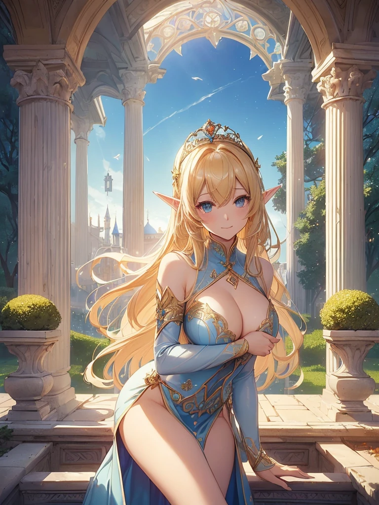 highest quality、Highest image quality、But Tarpeace、Two super beautiful elf beauties((24-years-old、vest bust、big bust、bust 90,beautiful blue long ironed hair、blonde、globe、Sexy means、、slender、Close-up、Esbian、beautiful tiara、High quality、beautiful art、background spectacular scenery、great work、visual art、Depth of bounds written、blue sky、elf ears、、magic of light、space knight、harp melody🎵、A happy smile、gentle light、、Beautiful legs that are gentle on the skin、、、Number of fingers to achieve precise finger movements、ticker beautiful decoration、elegant、mystical field under the flower garden、marble columns, beautiful dressy、byzantine art、marble dome、art nouveau、temple of time、sundial、、A sexy is 1.3,巨大なglobe、Renaissance painting、Raphael's paintings、golden ratio、Renaissance architecture、Palace garden、Autumn leaves、Forest、forest、beautiful dress、Low - Angle、Close-up、(big angel wing)、magical gentle light