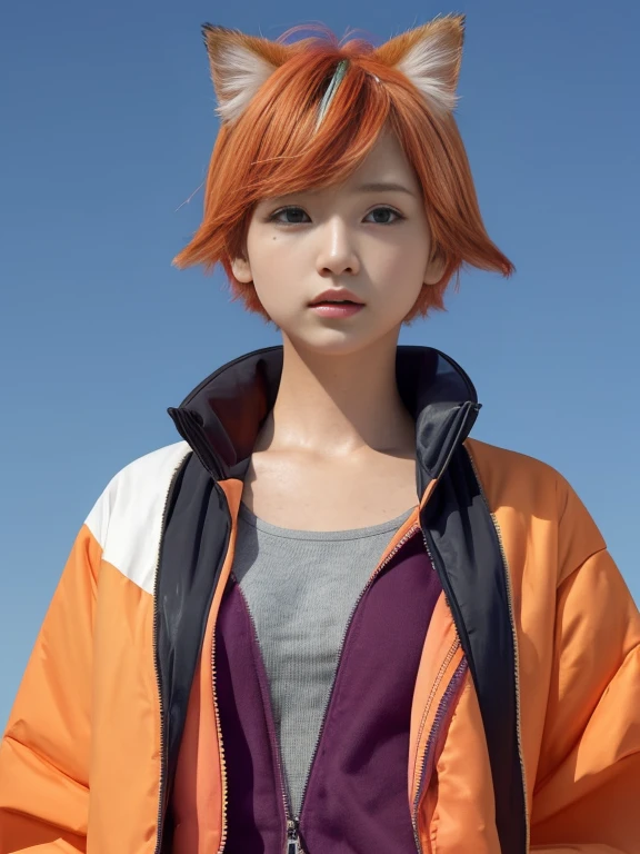 Colorful down jacket，Colorful cotton clothes，cat accessories，cute short hair，short hair blown by the wind，windy，Orange landscape background，There are three small animals on the right，图片There are three small animals on the right，