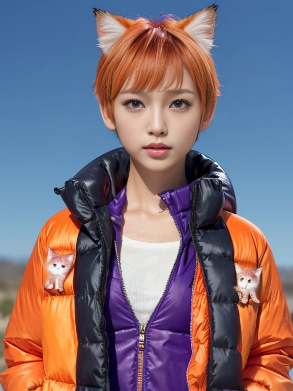 Colorful down jacket，Colorful cotton clothes，cat accessories，cute short hair，short hair blown by the wind，windy，Orange landscape background，There are three small animals on the right，图片There are three small animals on the right，