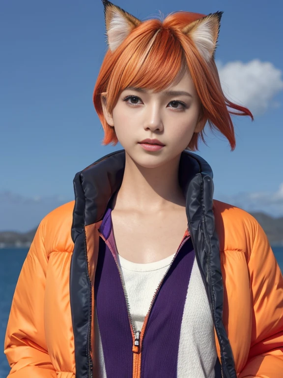 Colorful down jacket,Colorful cotton clothes,cat accessories,cute short hair,short hair blown by the wind,windy,Orange landscape background,There are three small animals on the right,图片There are three small animals on the right,