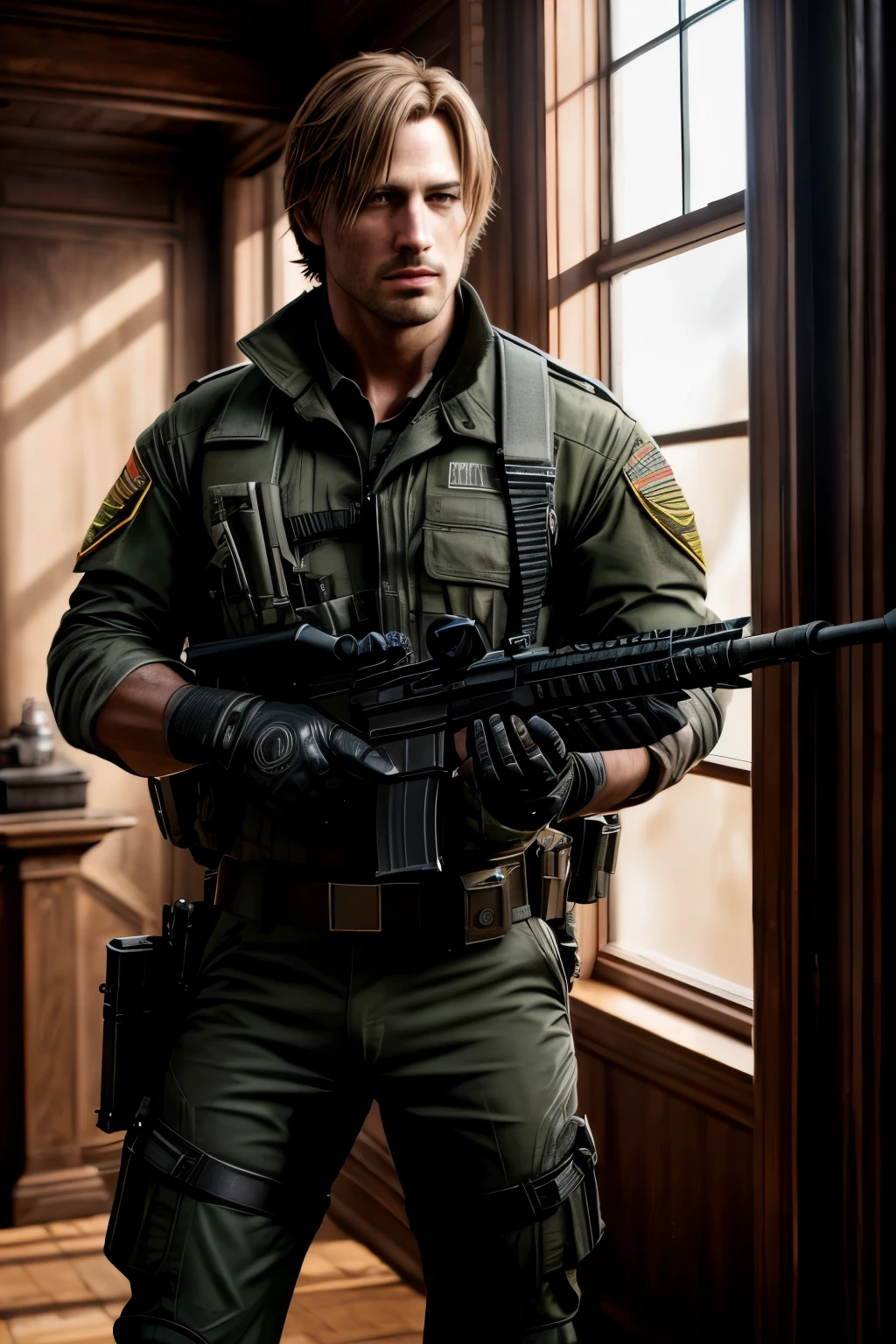 (super realistic, ultra 4K, raytracing, DLSS, vibrant colors, ultra shaders), Leon S. Kennedy from Resident Evil, stern expression, soldier uniform, gun in hand, dimly lit room, intensely focused, lifelike textures, meticulously detailed environment, cinematic lighting, realistic reflections, hyper-realistic graphics, immersive atmospheric effects, high dynamic range, richly textured surfaces, intricately modeled weapons, visually stunning, exquisitely detailed character design.