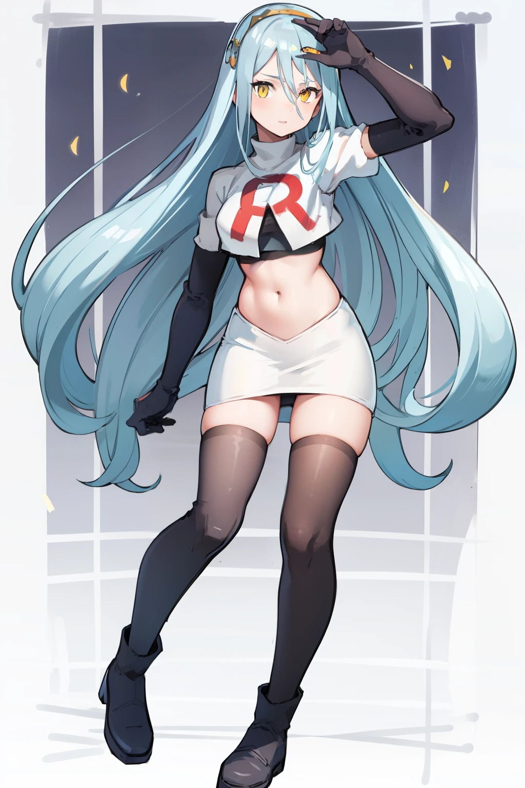 def_azura, yellow eyes ,1girl,team rocket,team rocket uniform, red letter R, white skirt,white crop top,black thigh-highs ,black elbow gloves,