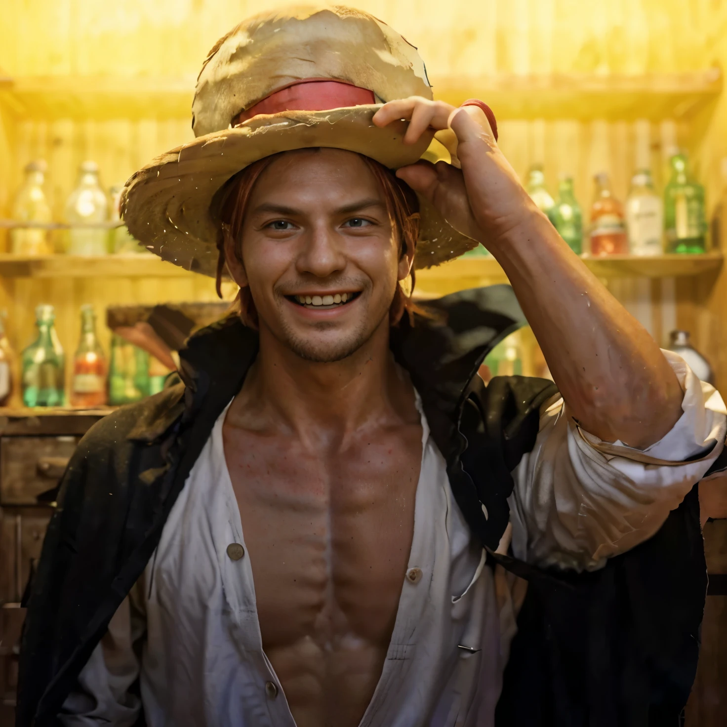 (masterpiece), (realistic), (ultra detailed), ( high reest quality), (photorealistic), (perfect face), (perfect anatomy), man, male, solo, ameican, ((20 years old)), ((muscular)), shanks from one piece, shanks, red hair, wears white clothes, wears a black robe, wearing a straw hat, (((The character's left hand holds the hat the character is wearing))), (((The character opens his mouth wide because he laughs))), (((behind the character there is a wooden cupboard with lots of drink bottles))), detailed hands, (((detailed fingers)))