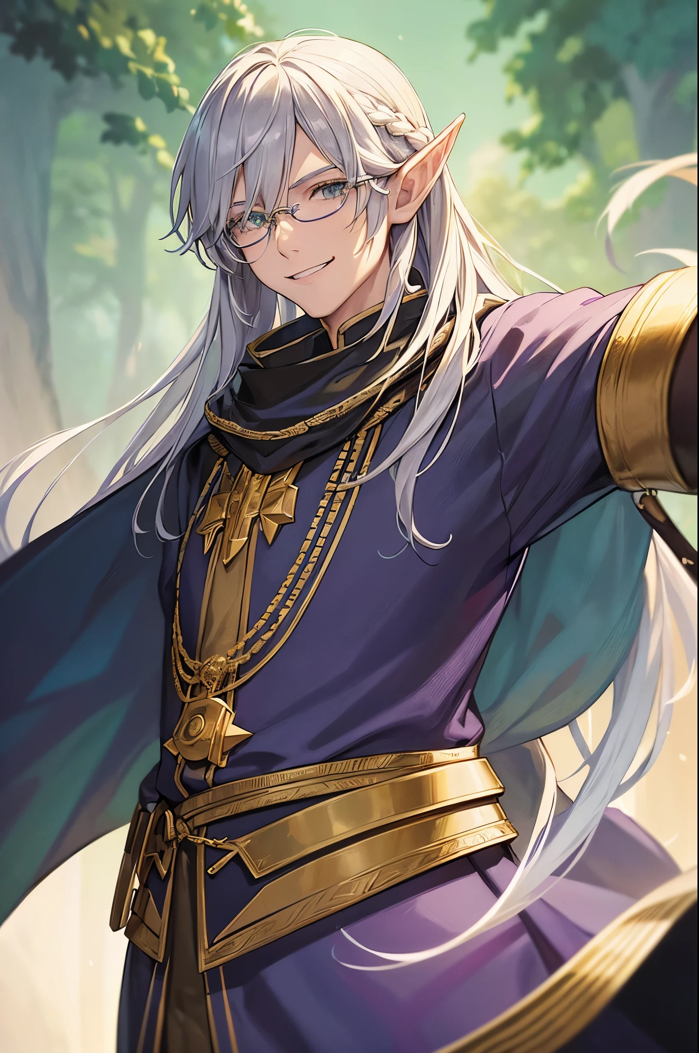 details, puple power in hand (effect), a closeup of a person with long white hair and a bow and arrows A portrait of a male elf, silver-skinned male elf, Rio Male, male fantasy portrait, handsome male elf, Portrait of Drizzt Do'Urden, Portrait of fin wildcloak , a male elf, handsome drow, portrait of an elven warrior, fantasy concept art portrait, sparkling city in the background, (((a close-up of a person with long silver hair))), ((Caucasian-skinned male elf)), male fantasy portrait, handsome male elf, a male elf, handsome drow, portrait of an elven wizard, portrait of fantasy concept art, circle glasses, ((smile: 1.5)), ((detailed magic cloak with gold and green colors)), (((gray eyes))), ((time magic)), much confident, ((face based on satoru gojo)), (very detailed silver eyes)