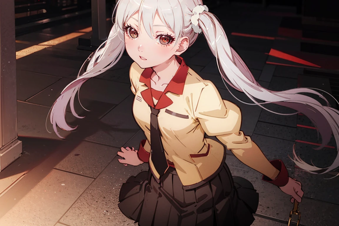 1 girl,solo,Detailed details,Purple tie,white eyes,twin tail hair,shining eyes,black skirt,,white scrunchie