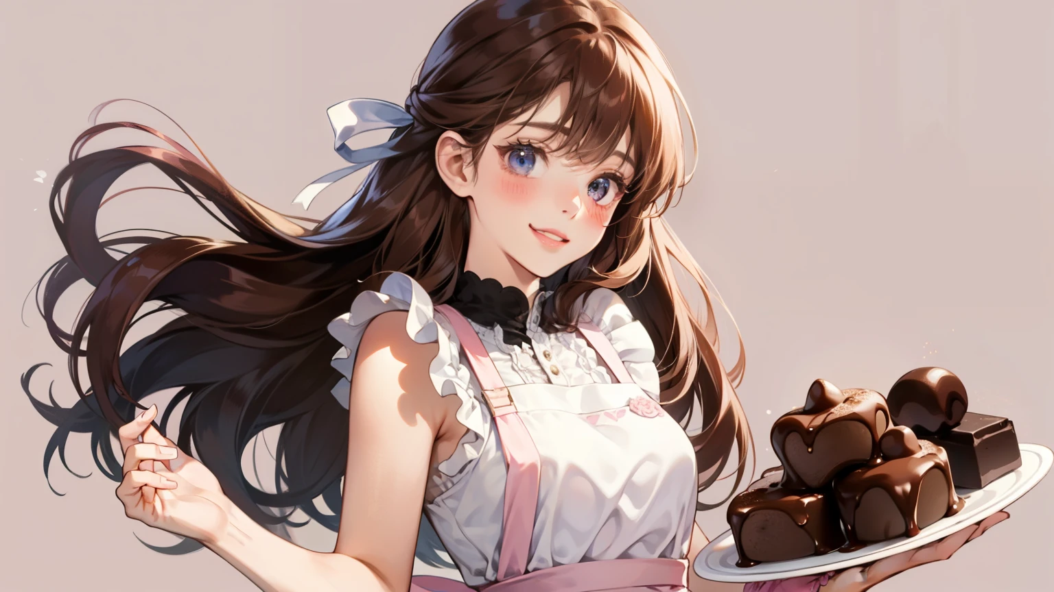 girl、With background、reddish brown hair、long hair、Contrasting bangs、white dress、ribbon、frills、I'm also wearing an apron、Baking、chocolate、blush、smile、cute、Background Pink