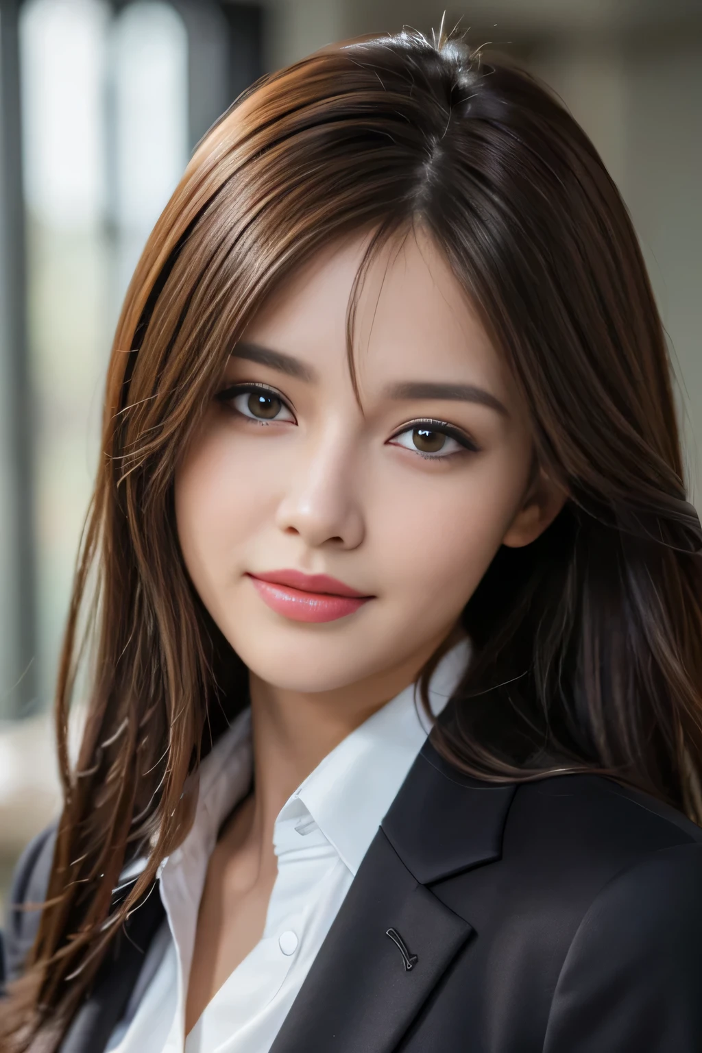 table top, highest quality, realistic, Super detailed, finely, High resolution, 8k wallpaper, 1 beautiful woman,, light brown messy hair, wearing a business suit, sharp focus, perfect dynamic composition, beautiful and detailed eyes, thin hair, Detailed realistic skin texture, smile, close-up portrait, model body shape