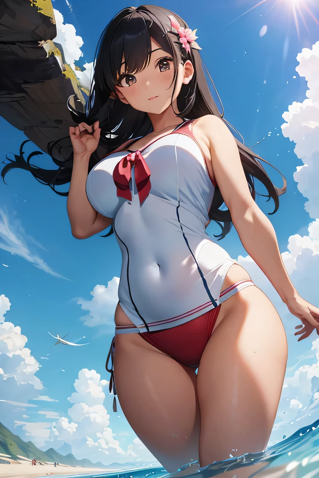 ((Extreme detail)), (ultra-detailed), 超细琢�inition的CG unity 8k壁纸, best best quality, purah_totk, figure-hugging clothes, posing in, Cowboy shots, lens flare.
A woman with a height around 5 feet 2 inches (157 cm), boasting a massive mommy body. Her skin tone is fair and smooth, giving her a matured look. Using the five senses, her face is soft and gentle. She has a delicate, slender nose, and her naturally pink lips are slightly full. Her well-shaped eyebrows have a neat arch and beautiful outlines framing