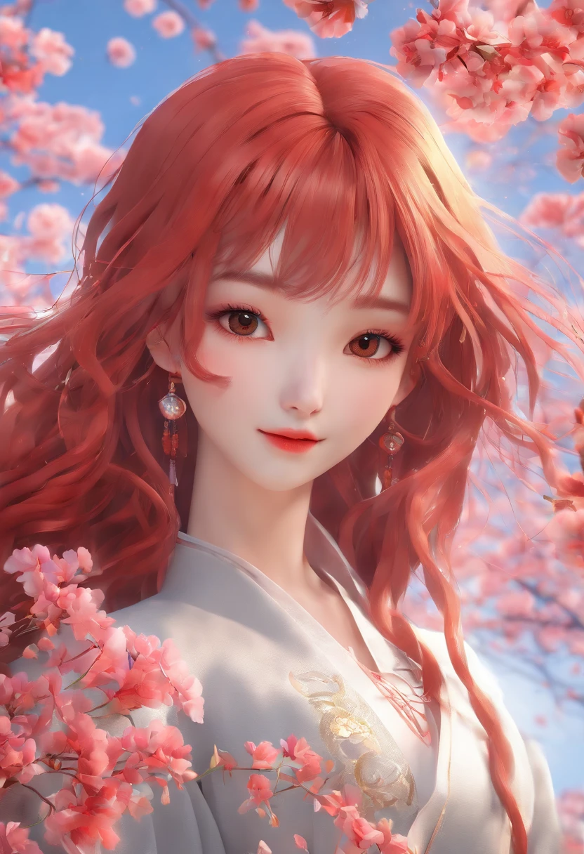 kapok，red hair，a woman，falling snow，white hair，Liu Yemei，bust，Winter morning，Hanfu，gauze，flowing sleeves，breeze，Sunlight，Slightly curly long hair，HD quality，clean background，High definition eye-catching，silky hair，Detailed depiction，masterpiece，super detailed，petals flying，
