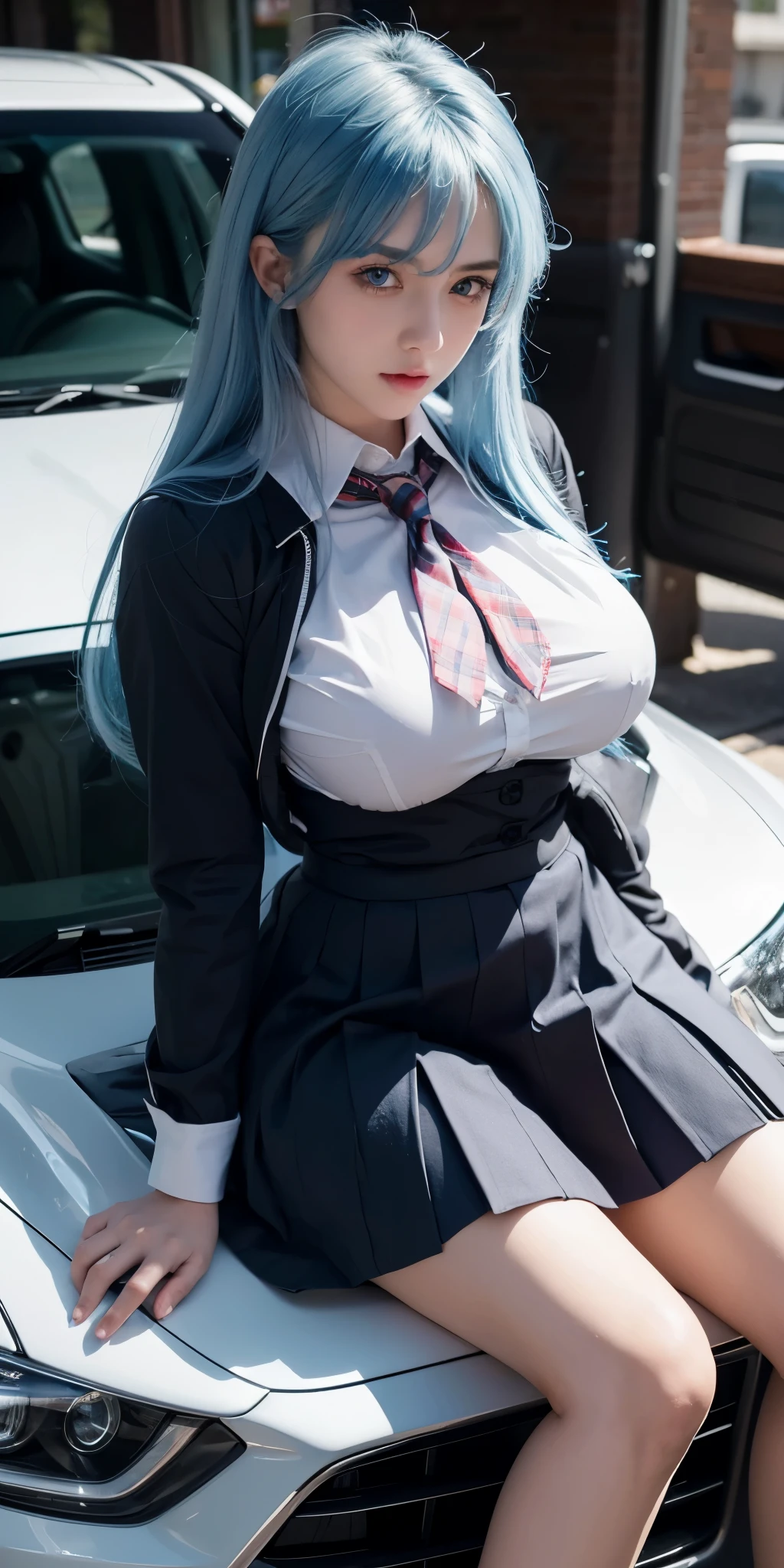 1girl,big breast ,blue hair, blue eyes, long hair,bang,high quality, ultra detailed, masterpiece, realistic, school uniform ,car
