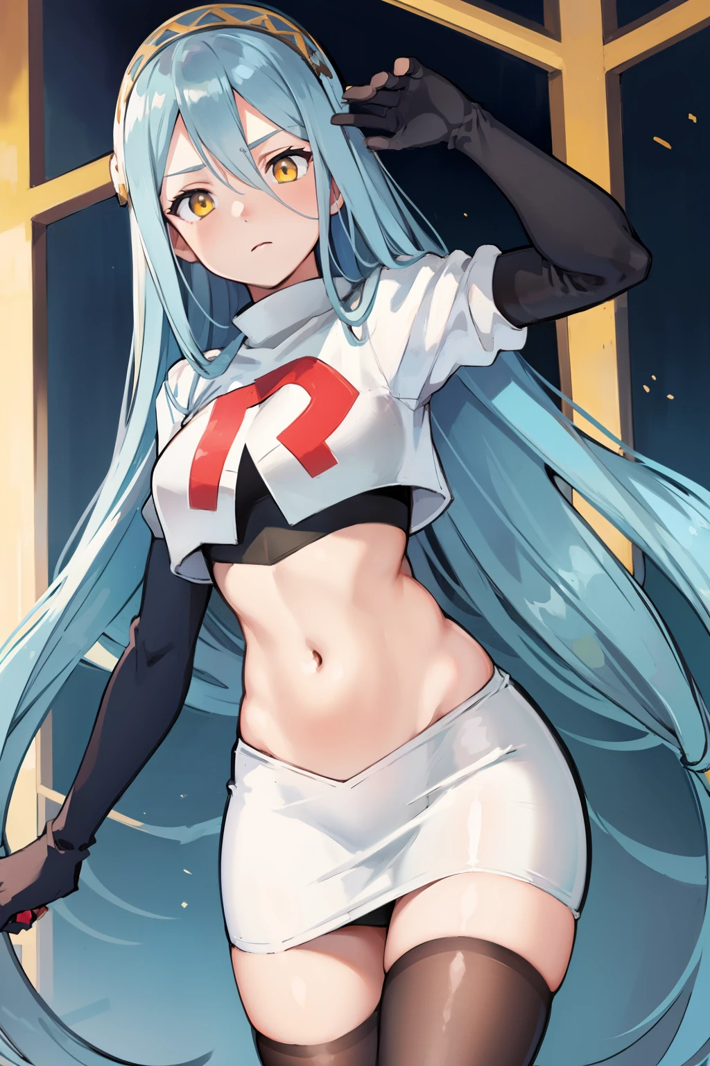 def_azura, yellow eyes ,1girl,team rocket,team rocket uniform, red letter R, white skirt,white crop top,black thigh-highs ,black elbow gloves,