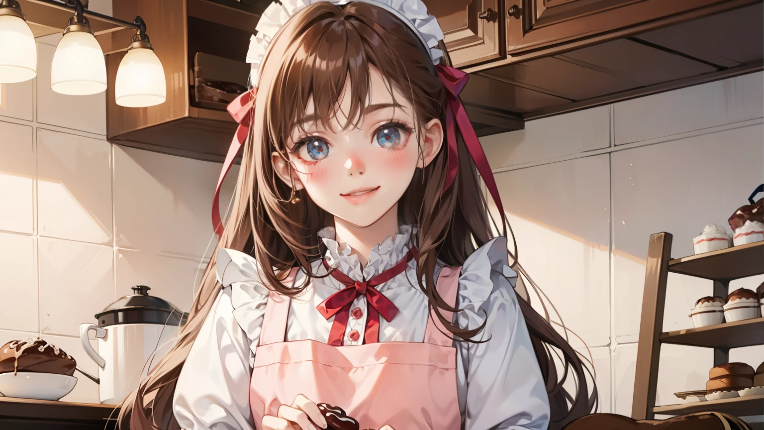 girl、With background、reddish brown hair、long hair、Contrasting bangs、white dress、ribbon、frills、I'm also wearing an apron、Baking、chocolate、blush、smile、cute、Background Pink