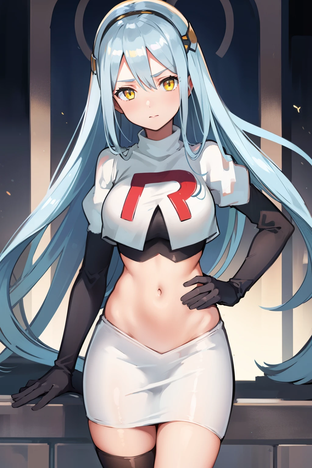 def_azura, yellow eyes ,1girl,team rocket,team rocket uniform, red letter R, white skirt,white crop top,black thigh-highs ,black elbow gloves,