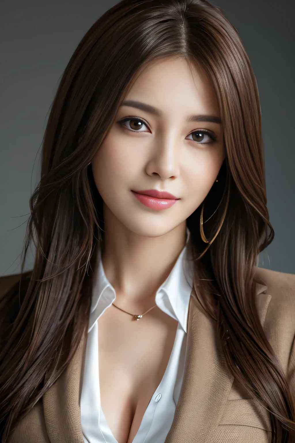 table top, highest quality, realistic, Super detailed, finely, High resolution, 8k wallpaper, 1 beautiful woman,, light brown messy hair, wearing a business suit, sharp focus, perfect dynamic composition, beautiful and detailed eyes, thin hair, Detailed realistic skin texture, smile, close-up portrait, model body shape